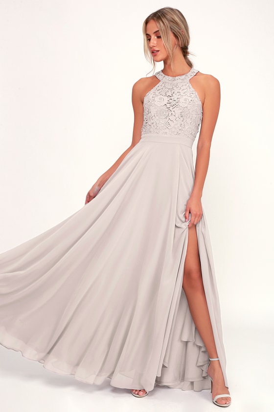 Elegant Light Grey Maxi Dress - Lace ...